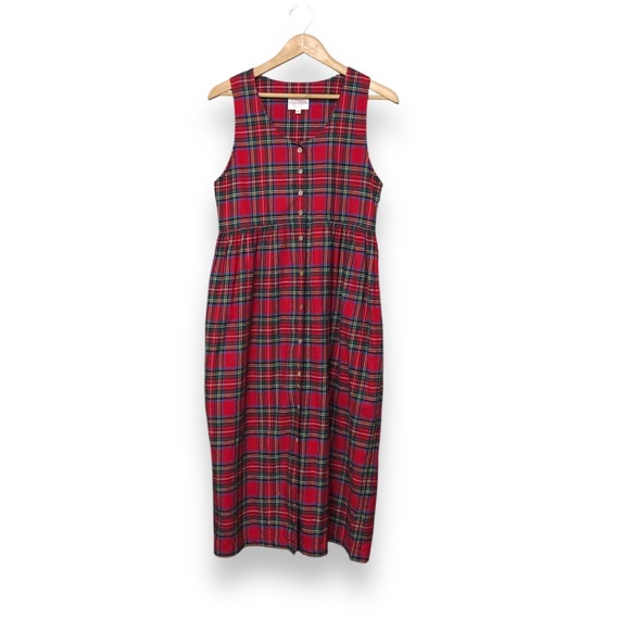 Vtg 90’s Susan Bristol Petite 4 Sleeveless Dress Red Plaid Jumper Cottagecore - Picture 1 of 6